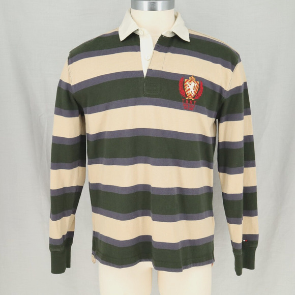 Tommy Hilfiger Other - Tommy Hilfiger Mens Large Polo Shirt Beige Green Stripe Crest THNY 1985 Vintage